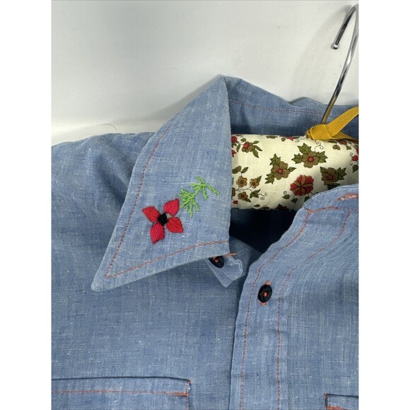 Vintage 60s/70s Hand Embroidered Chambray Shirt Palm Tree Sears Put-on Shop - Picture 11 of 14